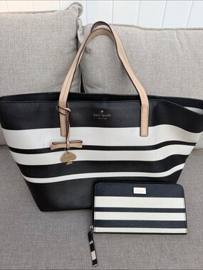 kate spade Black and White Striped Tote with Beige Handles and Matching Wallet
